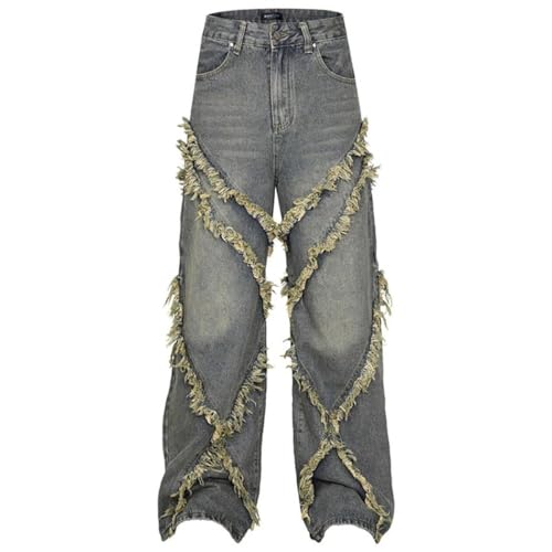 Men's Tassel Patchwork Vintage Jeans, Streetwear, Harajuku Hip Hop, Baggy Loose Fit Denim2