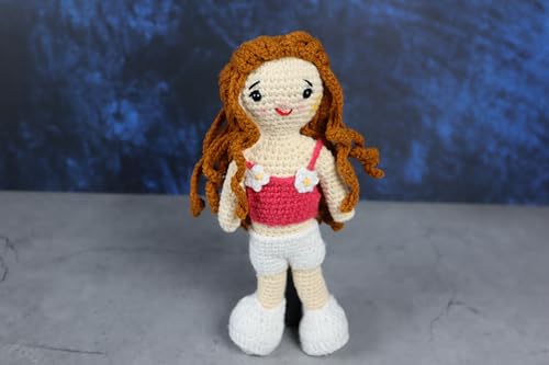 Image of Sutra Handmade Crochet Doll in Red Floral Top & White Skirt | Wool Amigurumi Soft Toy | Handmade Gift for Kids, Nursery & Home Decor