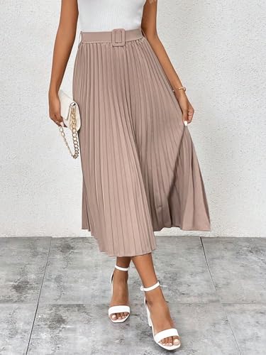 Solid Belted Pleated Skirt Maxi Basic Women's Summer Casual Vinage Skirt3