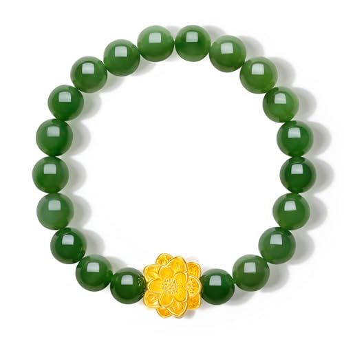 24K Gold Charm Bracelets Jade Beaded Bracelet Lotus Flower Charms Vintage Healing Jade Elegant Gemstone Gold Jewelry for Women Mom Anniversary Birthday Gifts 6.7