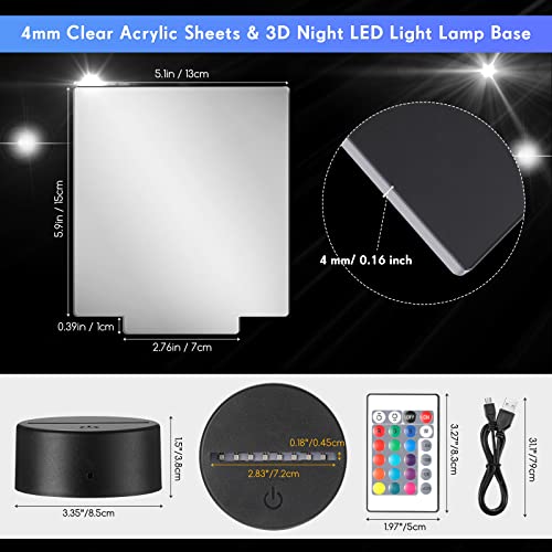 12 Pieces Clear Acrylic Sheets And 12 Pieces 3D Night Led Light Lamp Base With Remote Control And Usb Cable, Diy Acrylic Lamp Base Set For Restaurant Bar Cafe Shop Room Decoration (Rectangular) #TOP1