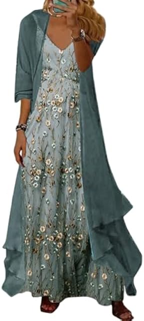 LOZ 2 Piece Sets for Women Summer Maxi Dresses Sleeveless Spaghetti Strap Floral Dresses with Sheer Cardigan Matching Sets