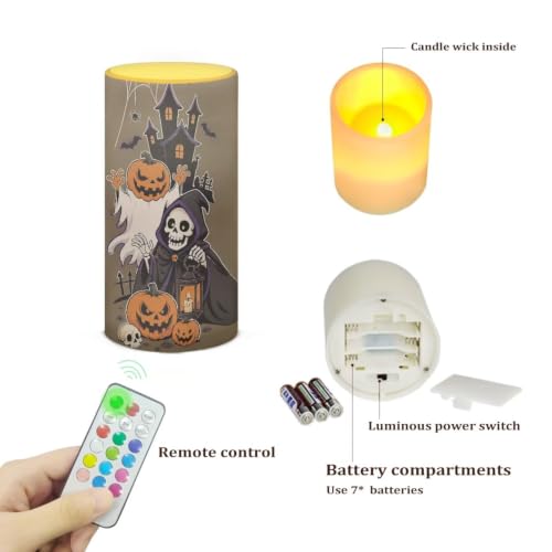 Image of Poceacles Flickering Flameless LED Battery Candles Pillar Candles Tealight with 18-Key Timer Remote for Halloween Indoor Outdoor Home Decor, Skull Pumpkin Ghost Bat Print Brown