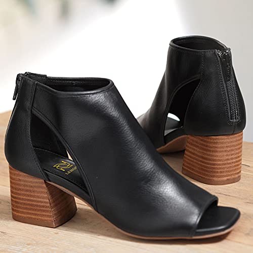 Lehoor Women Chunky High Heel Booties Suede Open Toe Side Cut-Out Ankle Boots Back Zipper Matte 2” Block Stacked Heel Summer Office Dress Heeled Ankle Sandal Booties Vintage Matte Black Size 9 #TOP1