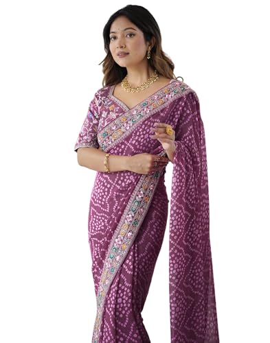 Image of SIRIL Women's Georgette Bandhani Printed Saree with Unstitched Blouse Piece