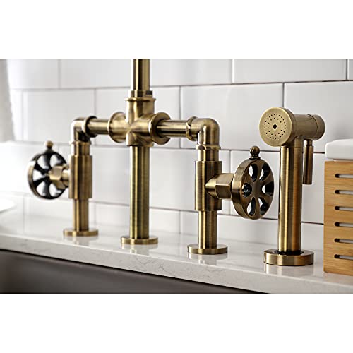 Kingston Brass KS2333RX Belknap Industrial Style Bridge Kitchen Faucet with Brass Sprayer, Antique Brass by Kingston Brass - Image 5