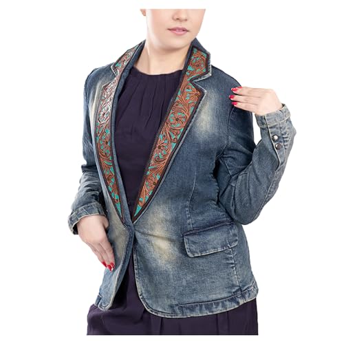 American Darling Genuine leather Hand tooled carved Women 100% cotton Denim Blazer dress jacket | Vintage
