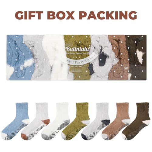 Image of Bulinlulu Fuzzy Socks with Grips Plush Sleep Cozy Winter Soft Hospital Fluffy Socks for Womens Mens Gifts