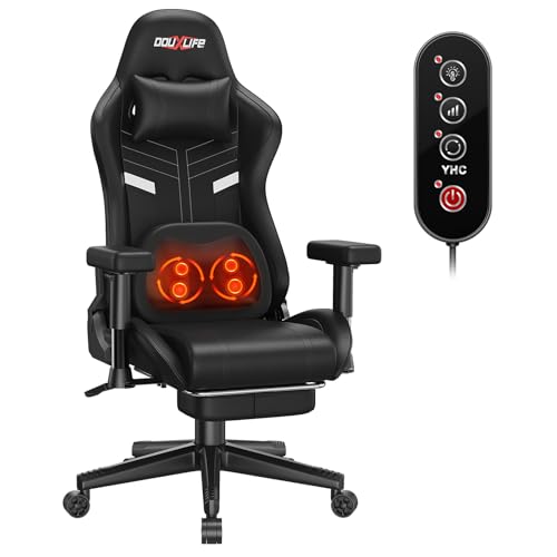 Douxlife Gaming-Stuhl mit Knetmassage und Heizfunktion, Ergonomischer Bürostuhl mit Fußstütze, 90°-175° Verstellbar, Gepolsterte 2D-Armelehnen, Gamer Sessel PC Stuhl, 181KG, Schwarz