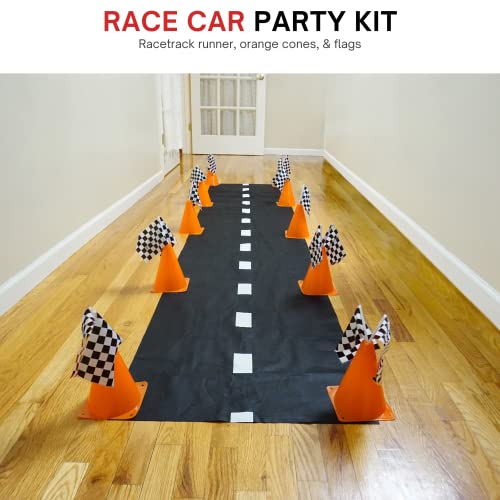 38 Pcs Set - 12 Traffic Cones With Hole On Top, 24 Checkered Flags, Racetrack Floor Runner - For For Race Car Birthday Party Supplies, Table Centerpiece Decorations For Kids By 4E's Novelty #TOP3