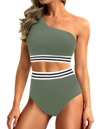 Image of Holipick Women One Shoulder High Waisted Bikini Set Two Piece Tummy Control Swimsuits Full Coverage Bathing Suit