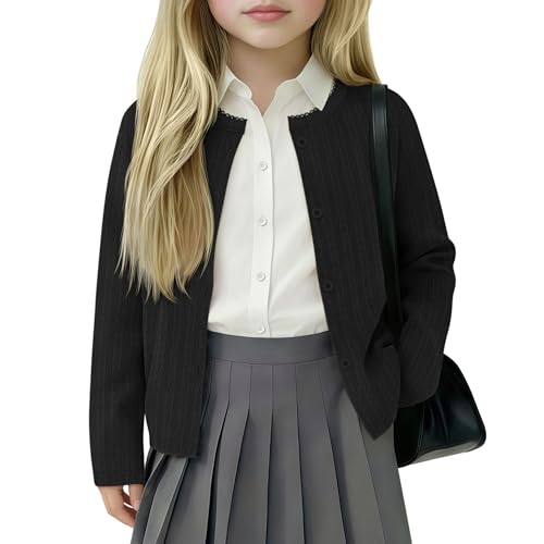 LessonZoo Girls Long Sleeve Cardigans Lightweight Crewneck Sweater Classic Button-up School Uniform Cute Solid Knit Jacket(Black 3-4t)