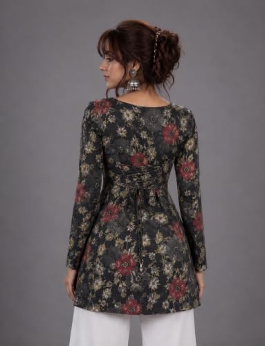 Image of Rain Forest Short Kurti with Stylish Corset Back | Full Sleeves | Office & Casual Wear | Regular Fit | Pair with Jeans, Palazzos