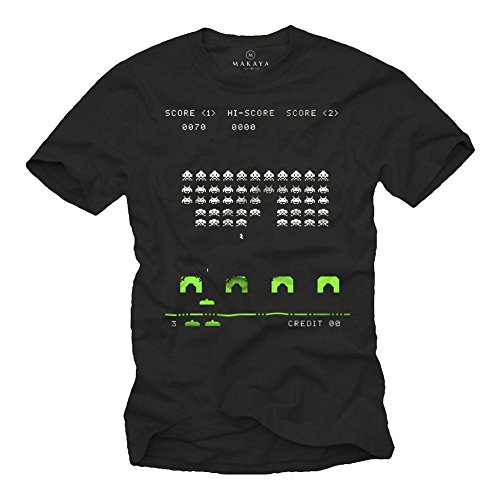 MAKAYA Camiseta Gamer Hombre - Space Invaders - Negro L