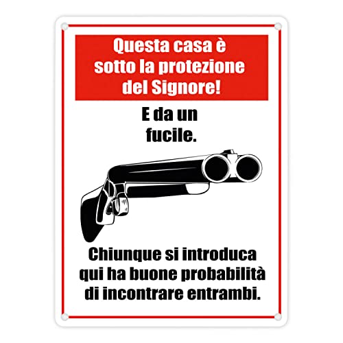 Cartello Fucile in metallo con scritta Questa casa è sotto la protezione del Signore! E da un fucile.