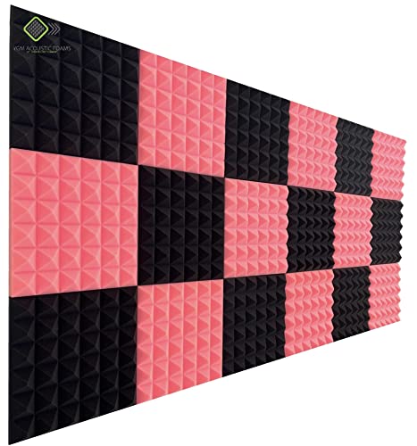 Image of YGM Acoustic Foams Pyramid Acoustic Panels 1 Footx1 Footx2inch Thick, 50 Density Acoustical Sound Proof Foam for Room, Studio, Echo Reduction & Noise Absorption (Black & Pink, Set of 12)