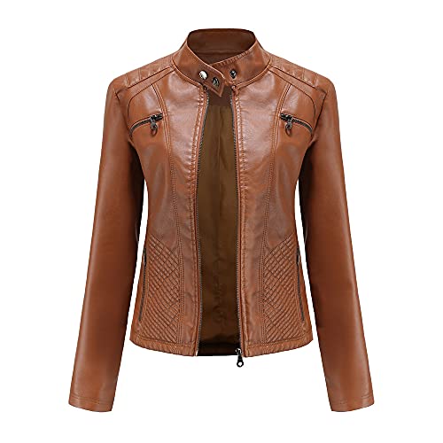 DISSA Damen Braun Lederjacke Schlank Kurz Kunstleder Stehkragen Jacket Reißverschluss Motorrad Jacke für Frühling und Herbst,L,C03N