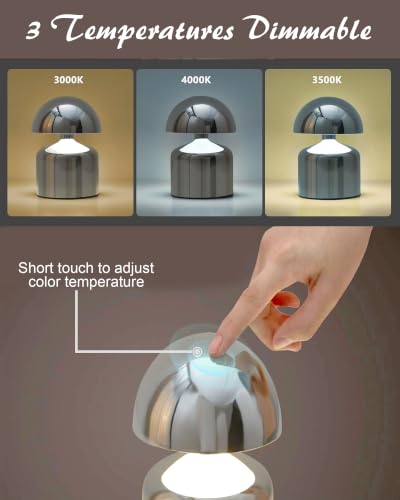 Image of Homesake Table Lamp Portable Lamps for Bedroom, Night Lamp, Table Lamp for Bedroom & Living Room, Bedside Lamp, Dimming, 3 Colour Touch Control, Wireless Charging, Metal Mushroom, Nickel Gold