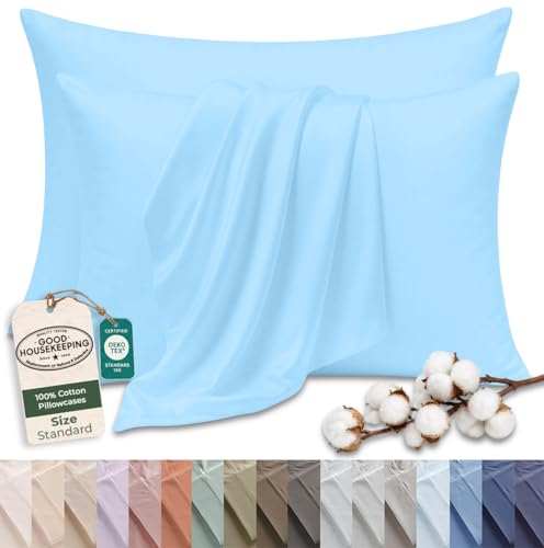 Image of Royale Linens 100% Cotton Pillow Cases Standard Size Set of 2 - Percale Pillowcase - Blue Pillow Cases Soft Cooling & Breathable Hotel Cotton Pillowcases, Fits Standard Pillows (20 inchx26 inch, Lake Blue)