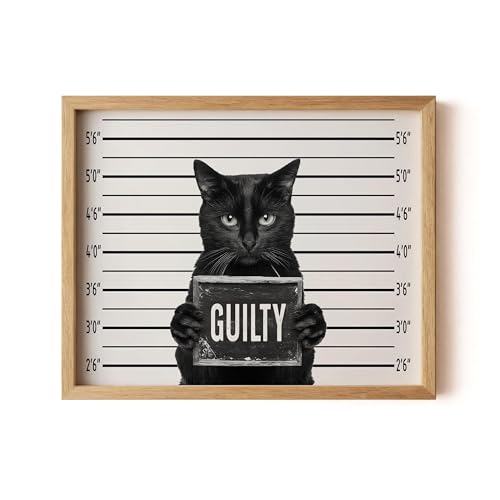 Image of aj decor Guilty Cat Mugshot B&W Wall Art Print Poster, Dog Pet Lover Picture Painting Artwork Bedroom Living Room Office Dining Room 151D (Guilty Cat Mugshot B&W, 11 inch W x 14 inch L, Wood Frame)
