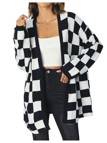 SOLY HUX Women's Long Sleeve Oversized Sweater Checkered Cardigan Open