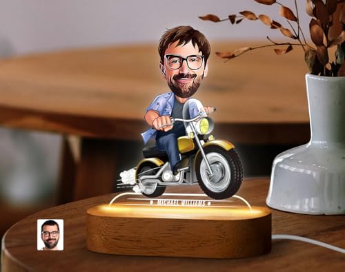 Image of THE GRANDEUR Caricature Gift for Men, Personalized LED Bike Rider Cartoon Figurine Gift for Men - Custom Name Light with Wooden Base, Birthday Gift for Him, (15 x 6 cm)