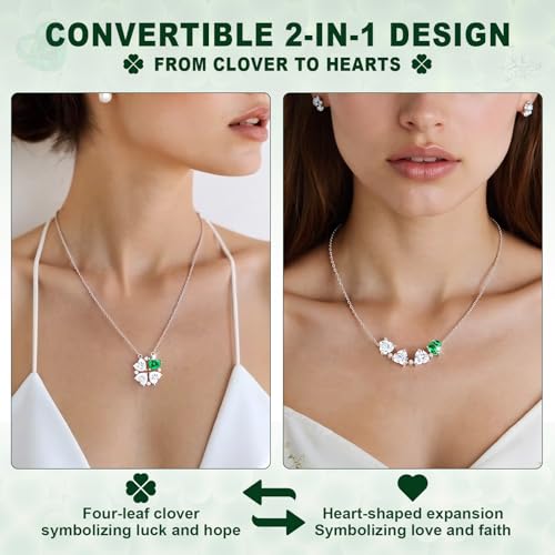 Women's Sterling Heart Birthstone Silver Necklace - 925 Sterling Silver Four-Leaf Clover 2-in-1 Moissanite Pendant Necklace with Adjustable Chain for Anniversary Birthday Valentine's Day2