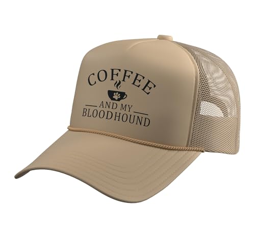 Bloodhound Dog and Coffee Trucker Hat with Adjustable Mesh Back, Khaki