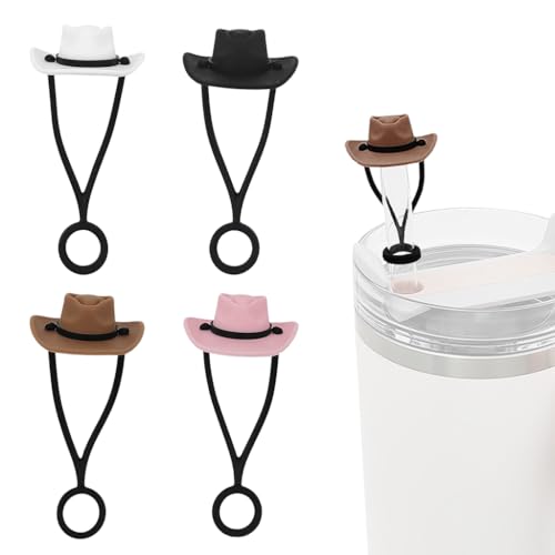 Image of HASTHIP 4 Pack Silicone Cowboy Hat Straw Covers Cap Compatible with Stanley Cup 30 40 oz, Cute Funny Tumbler Straw Topper Accessories for Man & Woman Valentine's Day Gifts
