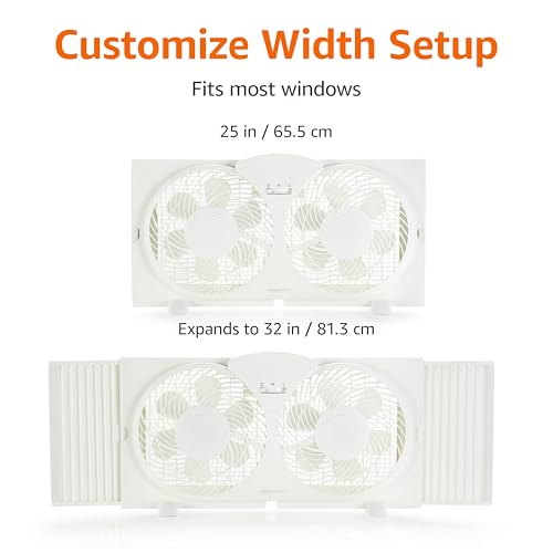 Image of Amazon Basics Twin Window Fan for Home Bedroom, 9 inch, Reversible Airflow, Exhaust Mode, Expandable Side Panels, Width Adjustable, 2 Speeds, Air Circulation, 68W, White