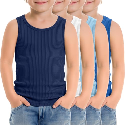 Image of 4 Pack Toddler Boys Cotton Tank Tops | Ribbed, Sleeveless T-Shirts, Summer Undershirts, Slim Fit, Crewneck, Layering, Sizes 18M-5T
