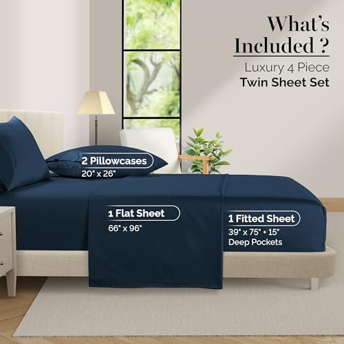 Casa Platino 100% Egyptian Cotton Sheets Twin Size Set - 4 Pcs (1 Flat, 1 Fitted, 2 Pillowcases)- Ultra Smooth Sateen Weave Bed Sheets Set with 15" Deep Pockets - Navy Blue