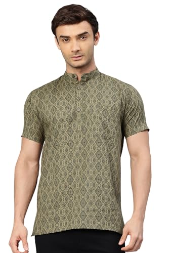 Image of Majestic Man Men Slim Fit Ethnic Motifs Cotton Printed Half Sleeve Short Kurta
