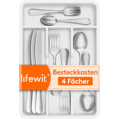 Lifewit kleiner Besteckkasten für Schubladen, 4 Fächern Besteck Organizer, 20 x 32 cm Schublade Organizer Küche, Besteckeinsatz Utensilienhalter aus Kunststoff für Löffe/Gabeln/Messer, Weiß