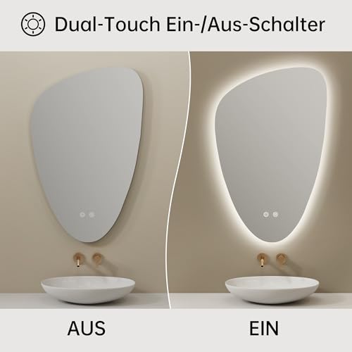 OUMUSU Spiegel mit Beleuchtung Asymmetrischer LED Badspiegel 50 x 78 cm mit Touch-Schalter, Dimmbar 3 Lichtfarbe Einstellbare, Beschlagfrei Badezimmerspiegel mit Beleuchtung, Bruchsicher 4