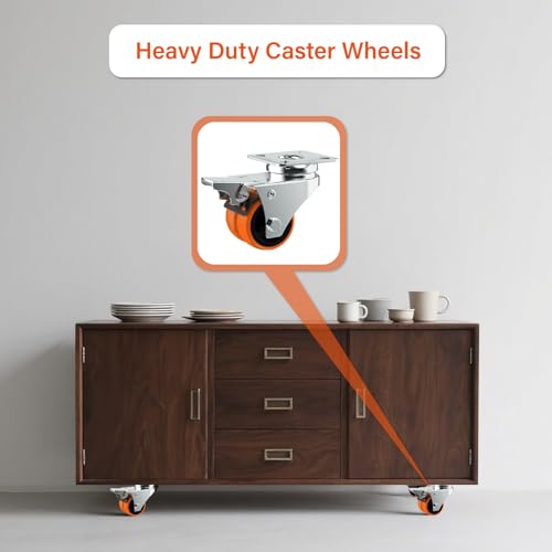 Image of Caster Wheels, 2inch Casters Set of 64 Heavy Duty, Two-Wheeled Orange TPE Casters with Brake, Double-Wheeled Swivel Plate Locking Castor Wheels Widely Used in All Kinds of Furniture.(64 Pack)