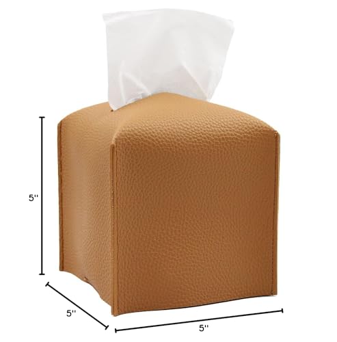 Livelab Tissue Box Cover, Modern Square Decorative PU Leather Facial Paper Case Organizer Holder Dispenser for Bathroom, Vanity Countertop, Night Stands, Desk, Car 5X5X5'' | Camel - Thumbnail 7