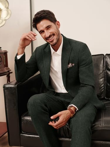 PJ PAUL JONES Mens 2 Piece Suit Vintage Herringbone Tweed Suits 2 Button Peak Lapel Blazer Pants Set3