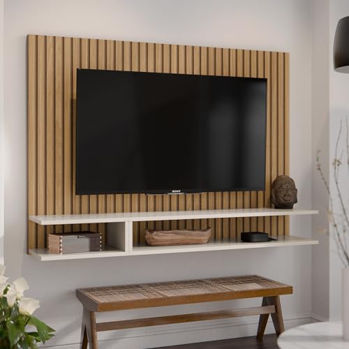 Painel Para TV 50 Polegadas Suspenso Com Prateleira Nicho Milao (Ripado/OffWhite)