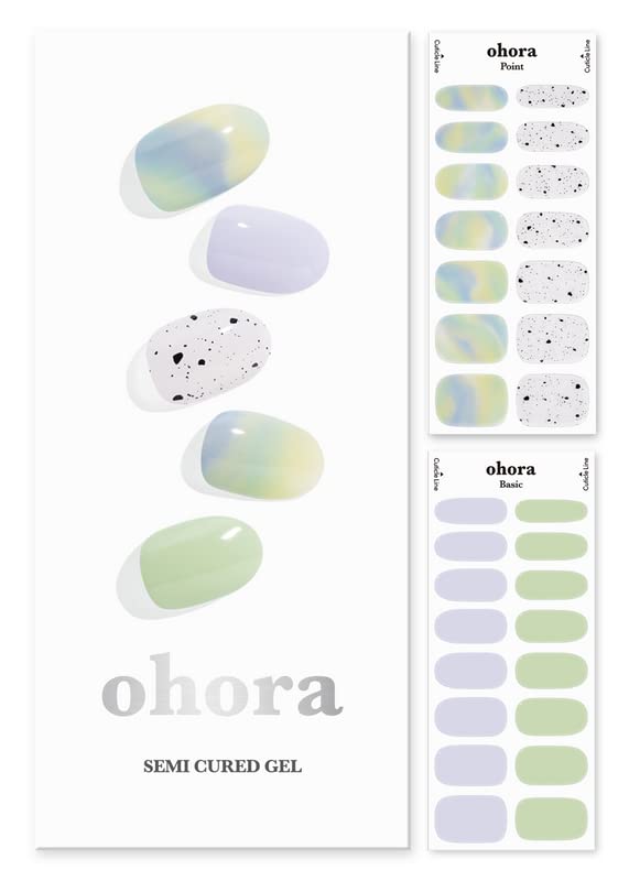 ohora Semi Cured Gel Nail Strips (N Fairy) - Green/Blue, Patterned, Works with UV/LED Lamps, Salon-Quality, Long Lasting, Easy to Apply & Remove - Includes 2 Prep Pads, Nail File & Wooden Stick
