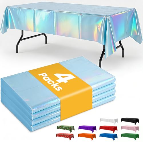 Image of Niuara Iridescent Blue Plastic Table Cloth - 4 Pack 54 inch x 108 inch Rectangle Disposable Tablecloths for 6FT Tables, Table Cover for Party, Holiday & Gathering Use