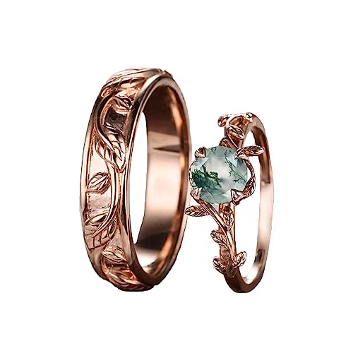 Natural Moss Agate 10K 14K 18K Gold Spiritual Leaf Couple Rings Set Anniversary Birthday Engagment Jewelry Gifts for Couple
