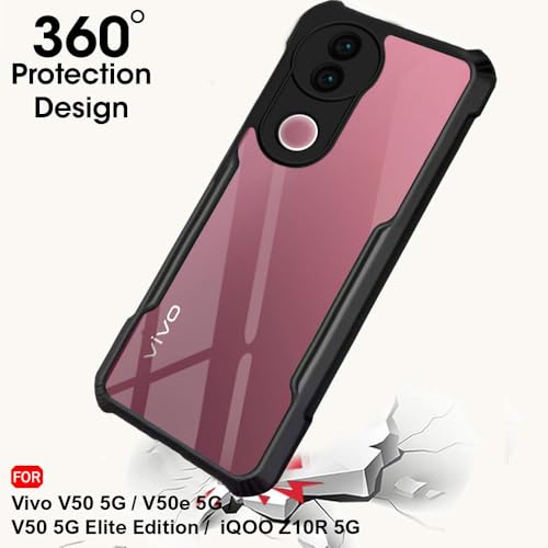 Image of TheGiftKart Shockproof Crystal Clear Back Cover Case for iQOO Z10R 5G / Vivo V50 / V50e 5G / Vivo T4R 5G | 360 Degree Protection | Hard Transparent Back Cover Case (PC & TPU, Black Bumper)
