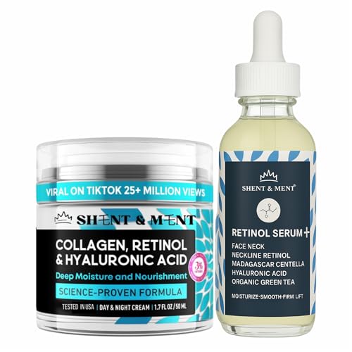 SHENT & MENT Pack de 2-1 Crema Facial Retinol 3% + 1 Sérum Retinol 0,6% Hidratación Profunda Cara Cuello Escote Centella Madagascar Ácido Hialurónico Colágeno Antiedad Antiarrugas Hombres Mujeres