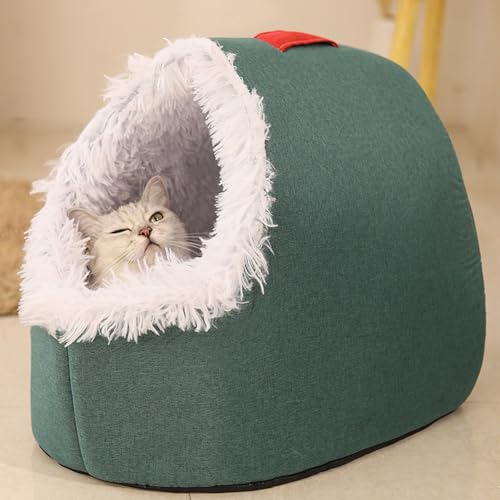 Enclosed Cozy Winter Pet Cave Bed, Warm Cat Bed Igloo with Removable Washable Cushion, Enclosed Cat Cave for Indoor Cats for Comfort & secure, private (GREEN,M(40 * 33))