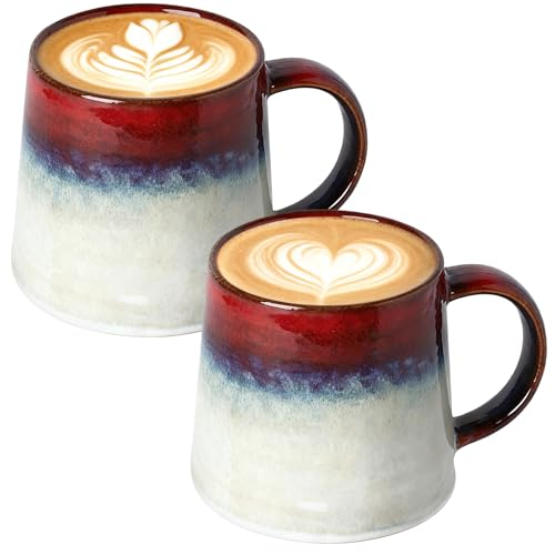 2 tazze da caffè grandi, 450 ml, in ceramica, grande tazza da tè con manico, tazza per cappuccino, tazza in gres porcellanato, tazza da caffè fatta a mano, in ceramica, per caffè, latte, tè (rosso