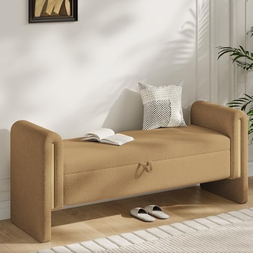 Banco otomano moderno de 52 pulgadas con anillo de tracción, elegante asiento de almacenamiento de tela de peluche, muebles de entrada resistentes para dormitorio, color café
