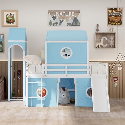 Harper & Bright Designs Charming Full-Size Loft Bed with Detachable Slide, Playful Blue Canopy Tent, & Climbing Tower - Vibrant Blue Frame for Kids' Bedroom Adventures