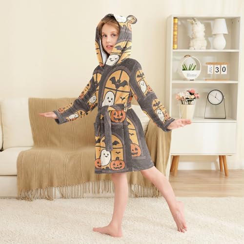 Ghosts and Pumpkins in Windows Halloween Pattern Girls Robe Hooded Pajama3