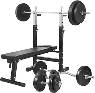 GORILLA SPORTS® Weight Bench - with 100 kg Barbell Dumbbell Set, Adjustable Rack, Dip Station, Foldable, Incline, Max. Load 200 kg, 30 mm, Black or White - Multiuse Training Bench, Fitness Station
